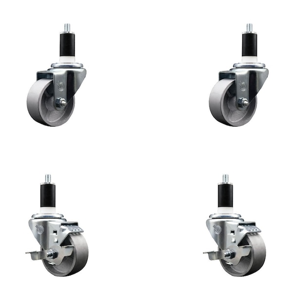 3'' Semi Steel Wheel Swivel 1-3/8'' Expanding Stem Caster Set 2 Brakes, 4PK